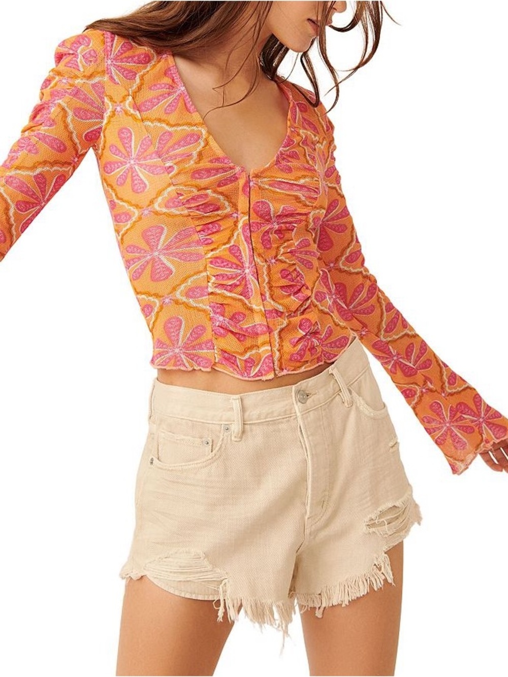 Free People Through the Meadow Ruched Mesh Top Orange Pink Floral Hook & Eye S
